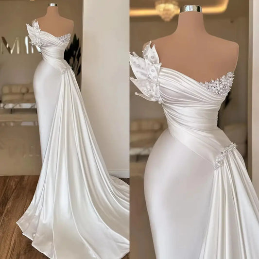 White Graceful Satin Simple Lightweight Wedding Dress Long Dress 