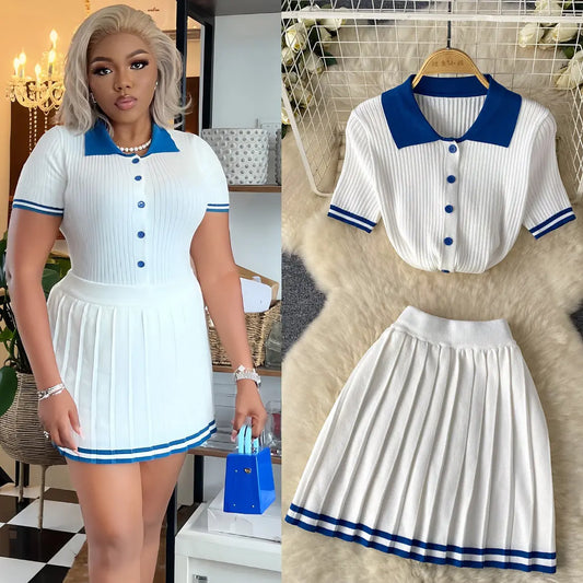 Short Sleeve Shirt Top High Waist Slimming Pleated Skirt Two-piece Set 