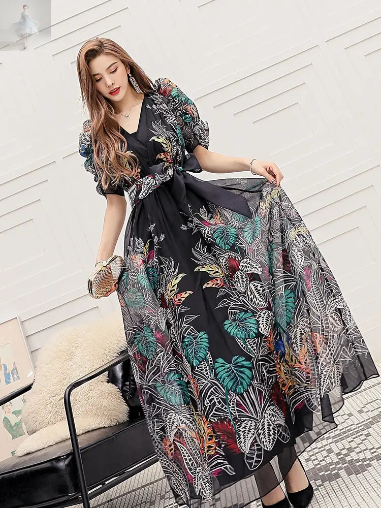 Puff Sleeves V-Neck Floral Dress, Long And Big Swing, Over-The-Knee Seaside Vacation  Puff Sleeves V-Neck Floral Dress, Long And Big Swing, Over-The-Knee Seaside Vacation Puff Sleeves V-Neck Floral Dress, Long And Big Swing, Over-The-Knee Seaside Vacation Puff Sleeves V-Neck Floral Dress, Long And Big Swing, Over-The-Knee Seaside Vacation Zenzi Style