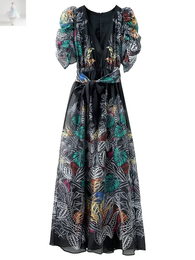 Puff Sleeves V-Neck Floral Dress, Long And Big Swing, Over-The-Knee Seaside Vacation  Puff Sleeves V-Neck Floral Dress, Long And Big Swing, Over-The-Knee Seaside Vacation Puff Sleeves V-Neck Floral Dress, Long And Big Swing, Over-The-Knee Seaside Vacation Puff Sleeves V-Neck Floral Dress, Long And Big Swing, Over-The-Knee Seaside Vacation Zenzi Style