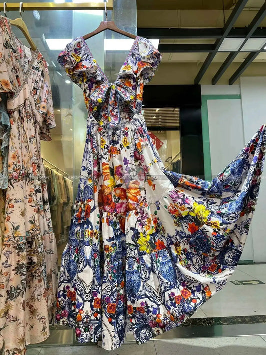 Women V Neck Crystal Beaded Flying Sleeve Retro Flower Print Elastic 