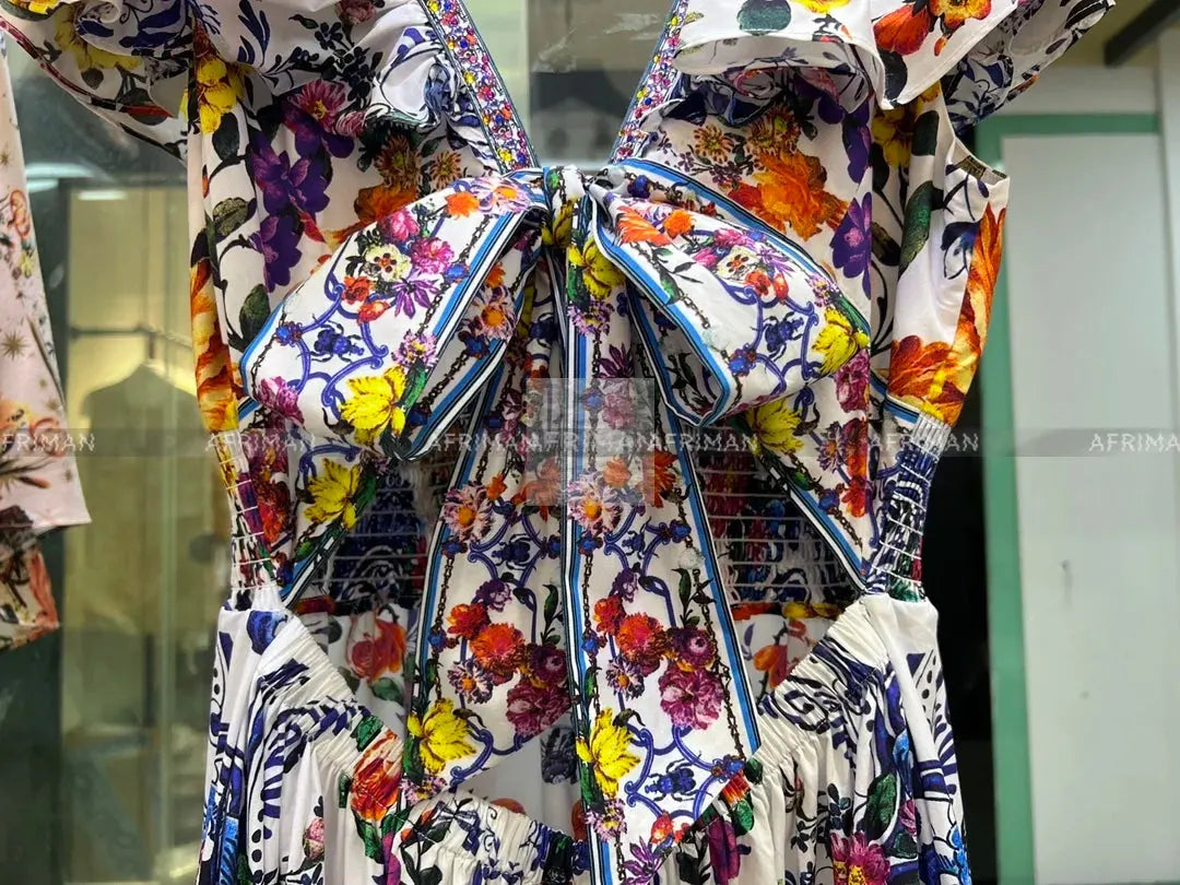Women V Neck Crystal Beaded Flying Sleeve Retro Flower Print Elastic 