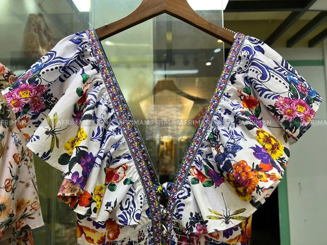 Women V Neck Crystal Beaded Flying Sleeve Retro Flower Print Elastic 