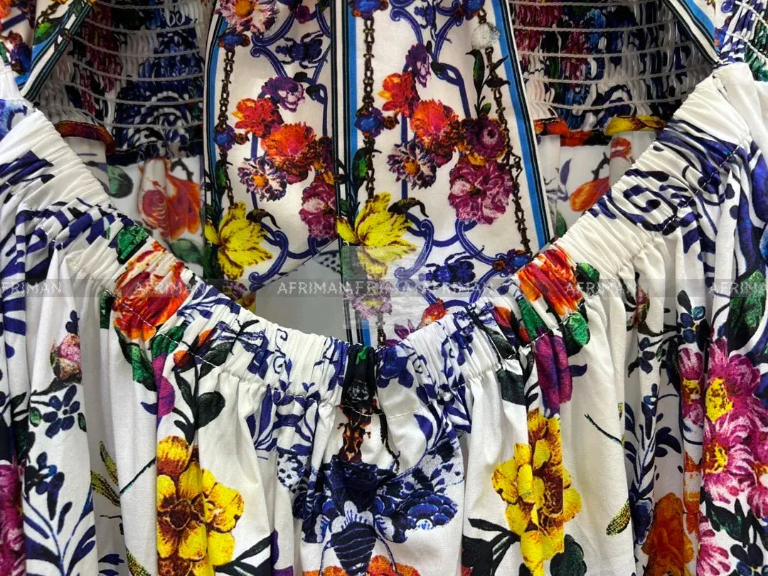 Women V Neck Crystal Beaded Flying Sleeve Retro Flower Print Elastic 