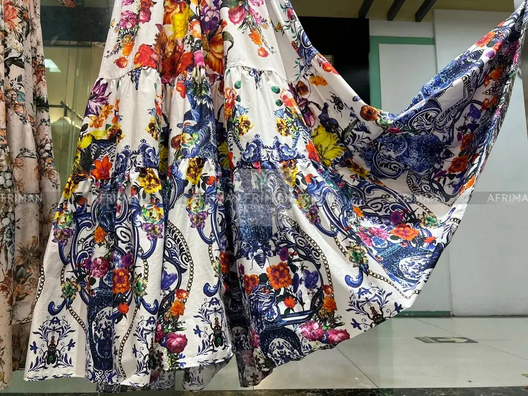 Women V Neck Crystal Beaded Flying Sleeve Retro Flower Print Elastic 