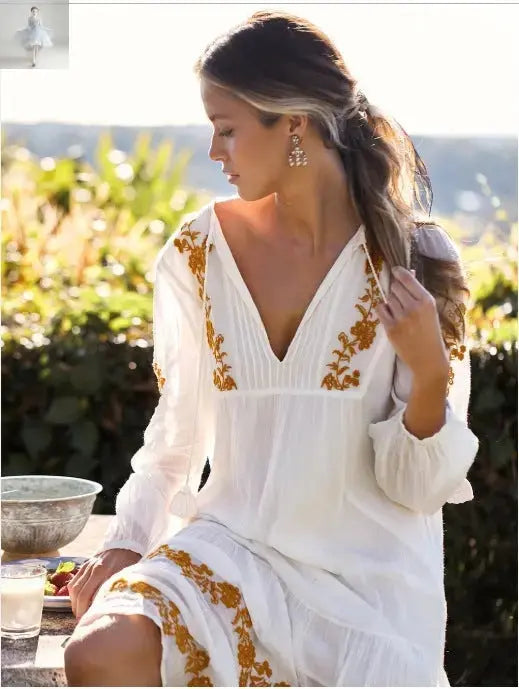 V-neck Embroidered Loose Dress Embroidered Long Skirt  V-neck Embroidered Loose Dress Embroidered Long Skirt V-neck Embroidered Loose Dress Embroidered Long Skirt V-neck Embroidered Loose Dress Embroidered Long Skirt