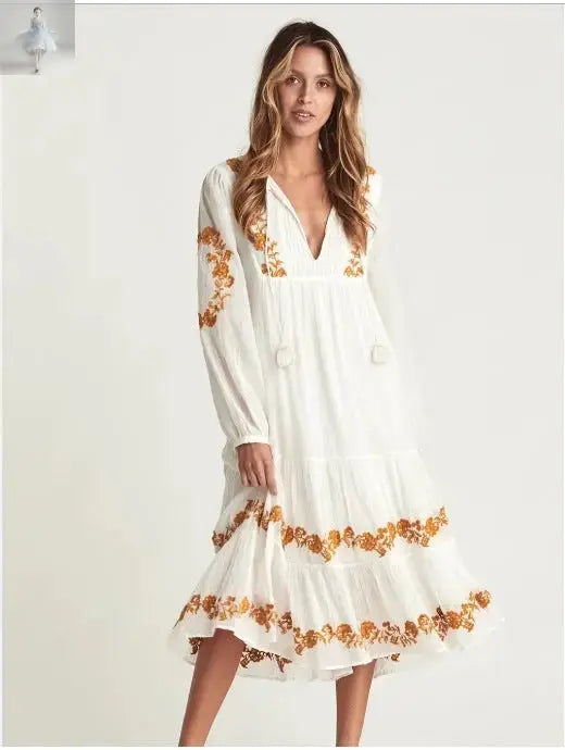 V-neck Embroidered Loose Dress Embroidered Long Skirt  V-neck Embroidered Loose Dress Embroidered Long Skirt V-neck Embroidered Loose Dress Embroidered Long Skirt V-neck Embroidered Loose Dress Embroidered Long Skirt