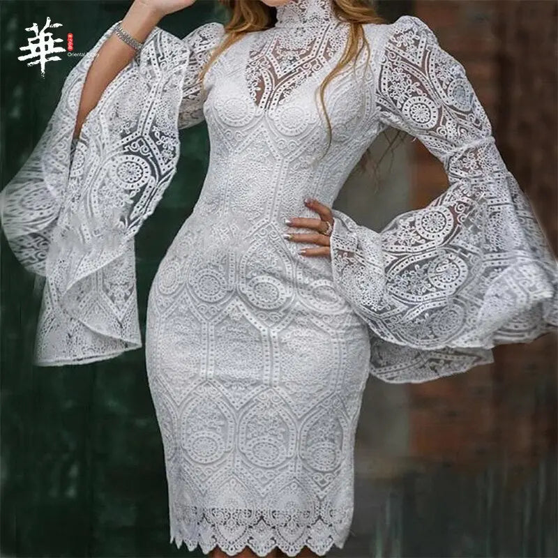Lace White Dress Women Midi Dress for Women Long Sleeve Bodycon Sexy 