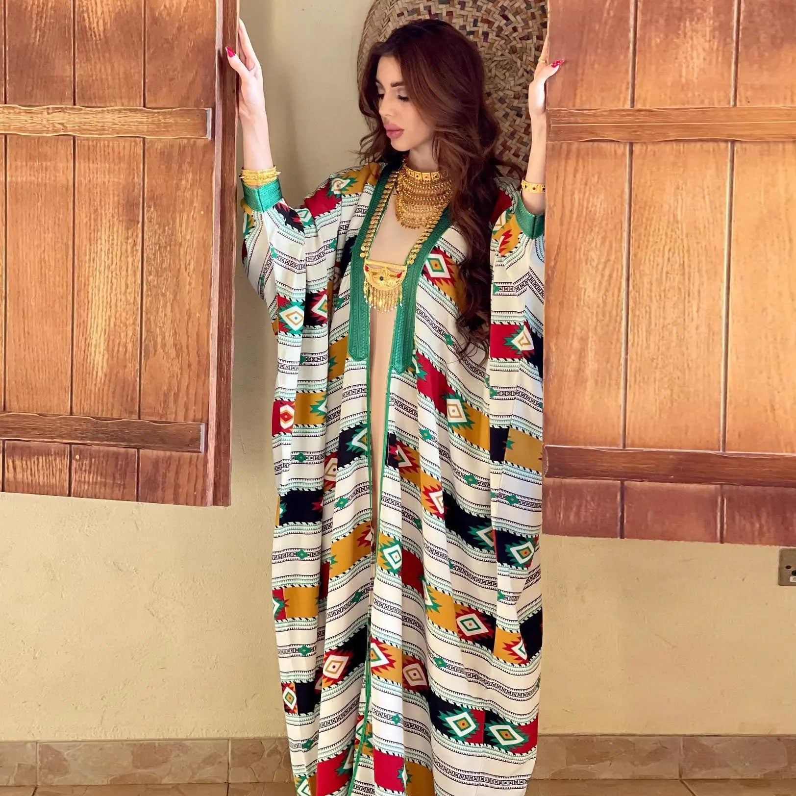 Striped Batwing Sleeve Muslim Vest Coat Two-piece Set Abaya Dress 