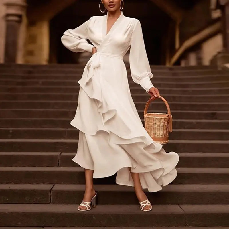 V-neck Prom Dress Long Sleeve Ruffles Long Prom Dress Elegant Dresses For Women White Satin Dress Layered Woman Clothes Casual 