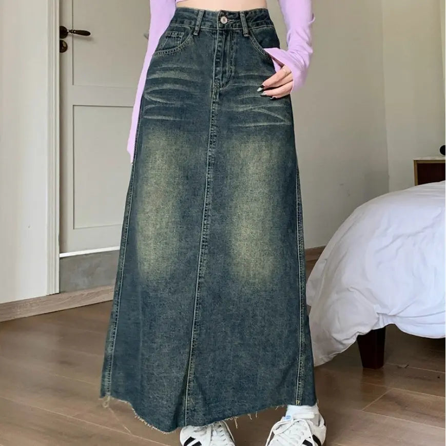 Retro High Waist Raw Hem Denim Skirt 