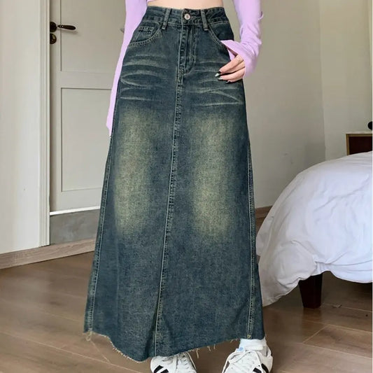 Retro High Waist Raw Hem Denim Skirt 