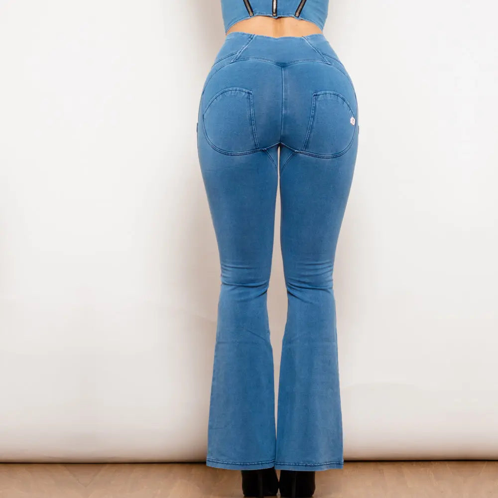 Shascullfites Melody Light Blue Flared Lift Jeggings Button Up Jeans Shaping Jeans Women High Waist Flare Jeans 