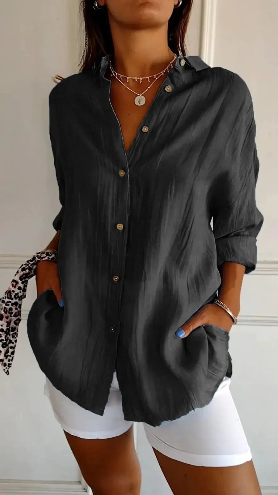 Lapel Long Sleeve Shirt Women's Single-breasted Pleated Shirt 