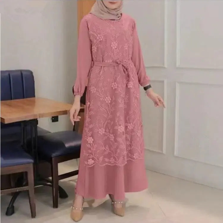 Muslim Round Neck Lace Floral Dress 