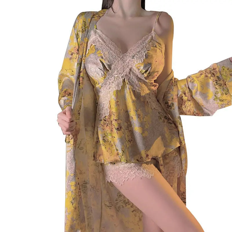 Simple Comfortable Top Shorts Outerwear Gown Three-piece Homewear Suit 