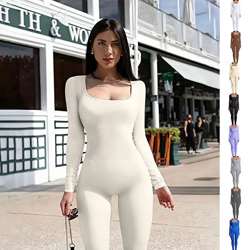 Women's Yoga Sports Fitness Jumpsuit Workout Long Sleeve Square Collar Clothing 