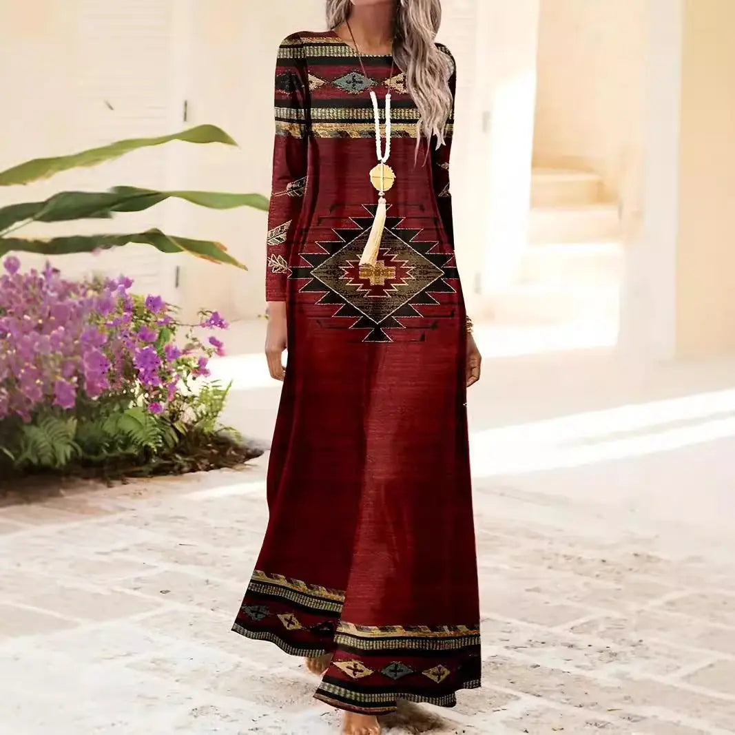 European And American Long Sleeve Artistic Retro Geometric Printed Round Neck Pullover Dress 