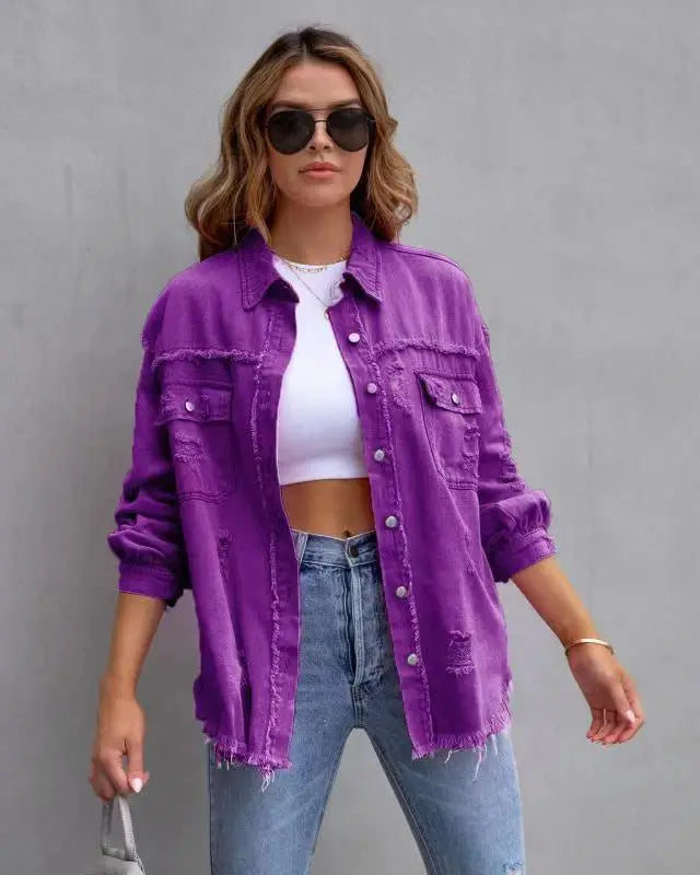 Fashion Ripped Shirt Jacket Female Autumn And Spring Casual Tops Womens Clothing 
