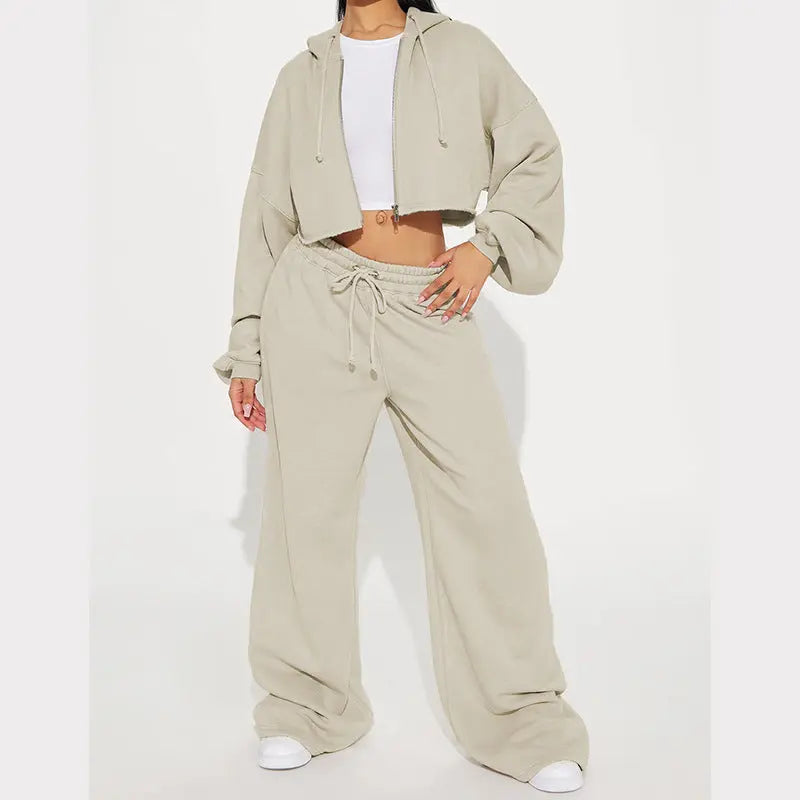 European And American Hooded Front Cardigan Zipper Sweater Wide Leg Loose Trousers Suit 