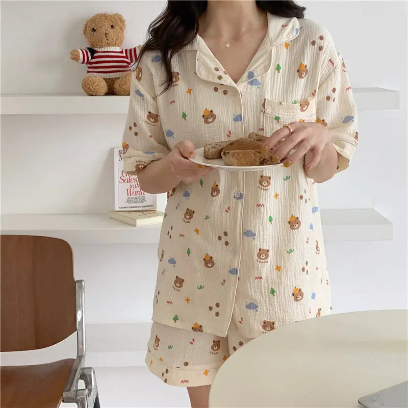 Pure Cotton Bear Head Loungewear Short Sleeve Cardigan Set 