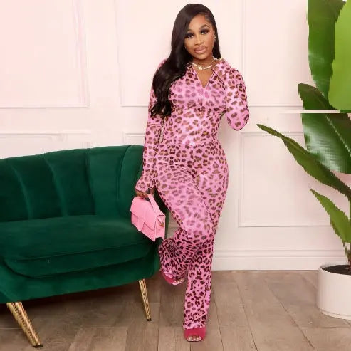 European And American Hot Girls Leopard Print Long Sleeve Hoodie Two-piece Set 