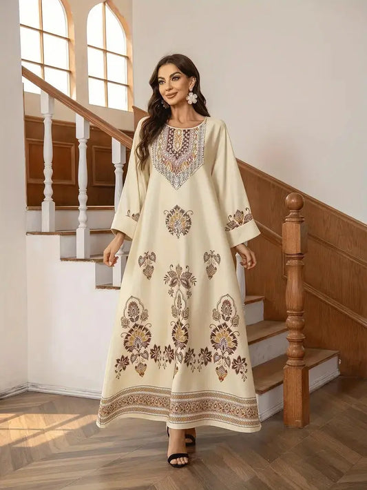 Elegant Floral Printed Abaya Middle Eastern Muslim Clothing For Women 