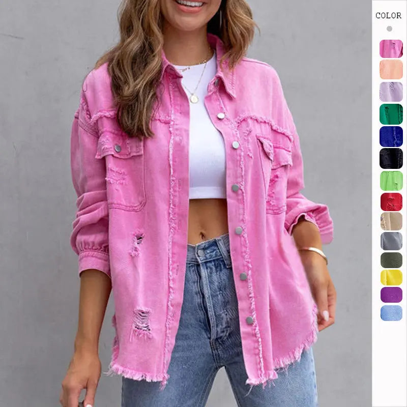 Fashion Ripped Shirt Jacket Female Autumn And Spring Casual Tops Womens Clothing 