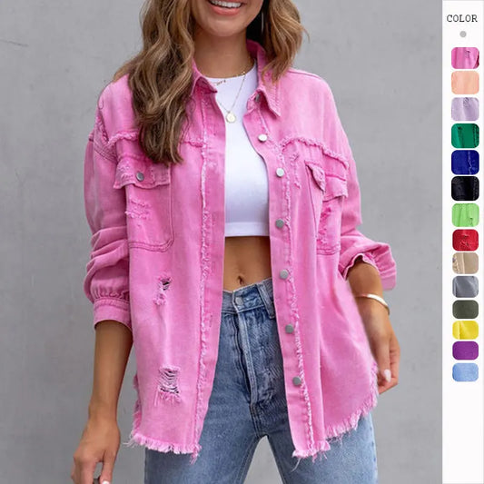 Fashion Ripped Shirt Jacket Female Autumn And Spring Casual Tops Womens Clothing 
