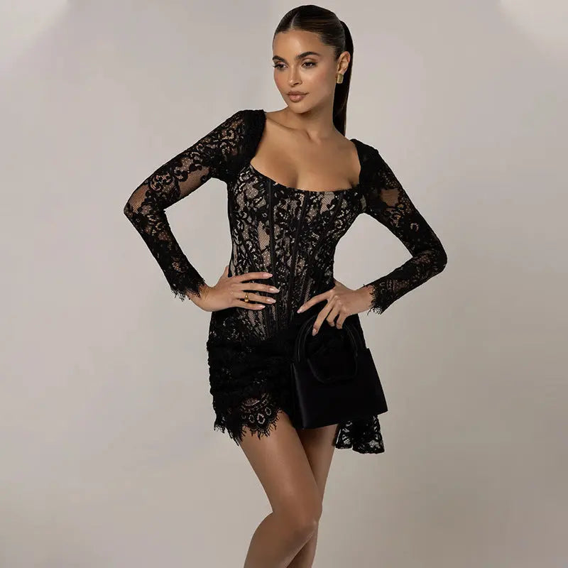 Women's Fashion U-neck Slim-fit Long Sleeve Dress 