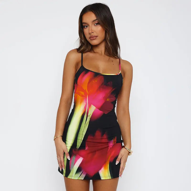 Summer Flowers Printed Suspender Dress Fashion Slim Square Neck Short Dresses Beach Clothing For Women 