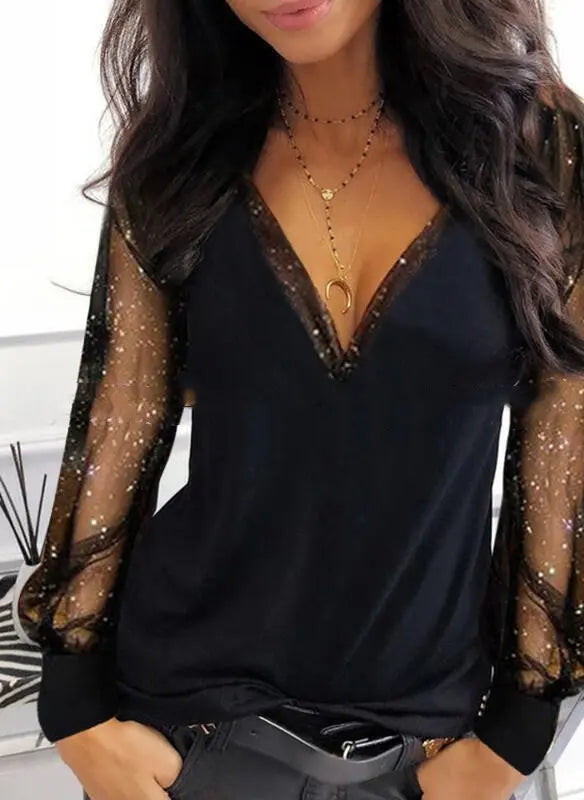 Elegant Top Stitching Mesh Silver Spray V-neck Pullover 