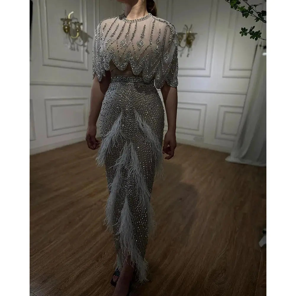 European And American Silver Nude Slim-fit Feather Shawl Host Performance Ladies' Evening Dress 