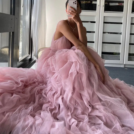 Evening Gown Prom Irregular Spaghetti-strap Mesh Long Dress 