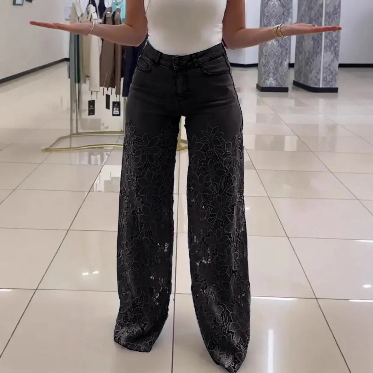 Y2K Lace Flowers Hollow Jeans Fashion High Waist Straight Wide Leg Pants Solid Color Trousers Women's Clothing 