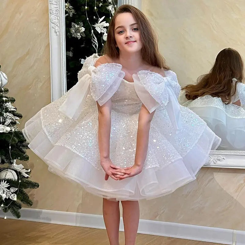 Girls' White Birthday Party Formal Dress Skirt 