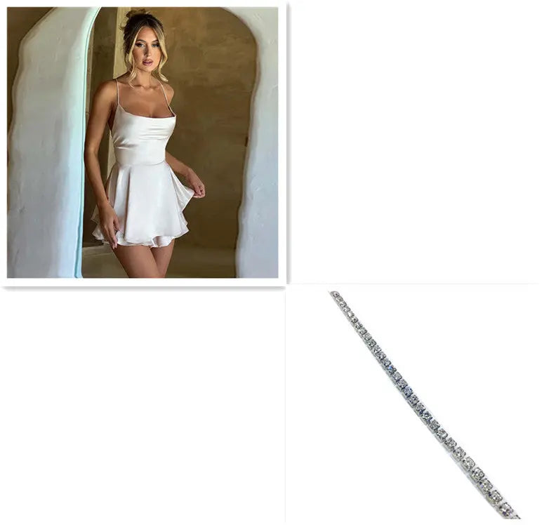Sexy Suspender Skirt For Women Elegant Slim Strap Satin Backless Lace Up A-Line Short Dress Lady 