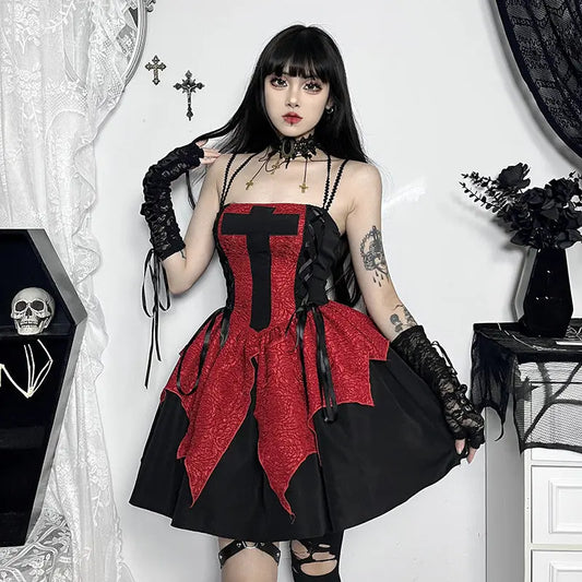 Dress Women's Retro Beautiful Red Patch Cross Print Lace Tight Dress 