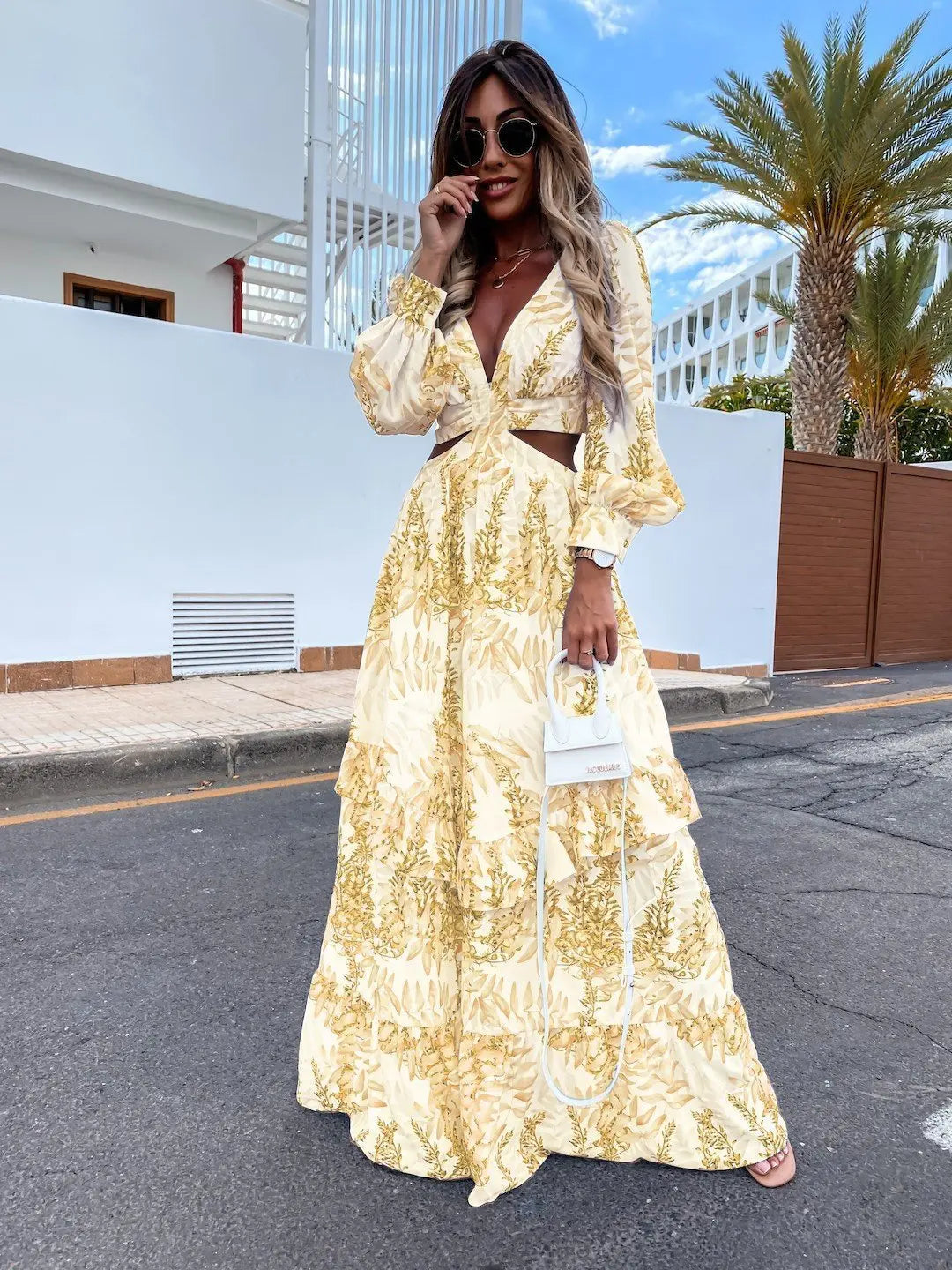 Elegant Women's Hollow Floor V-neck Long-sleeved Plant Dress Long Dresses Spring Summer Print V-neck Long Sleeve Dress 