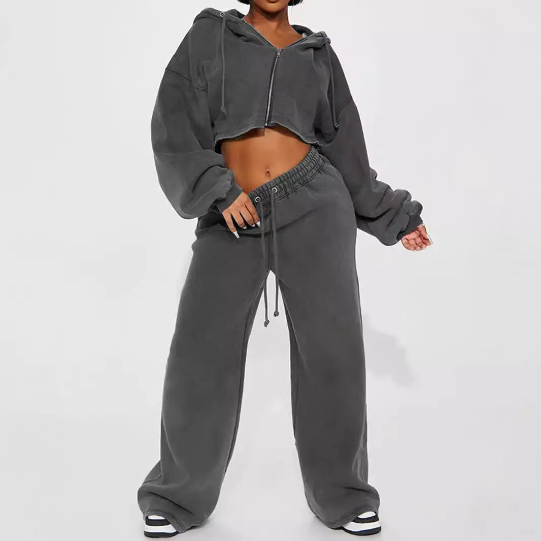 European And American Hooded Front Cardigan Zipper Sweater Wide Leg Loose Trousers Suit 