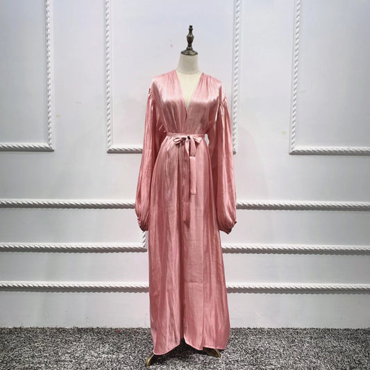 Eid Muslim Abaya Dress Kimono For Women Fashion Shining Silklike Summer Abayas Cardigan Puff Sleeve Dubai Turkey Clothes 
