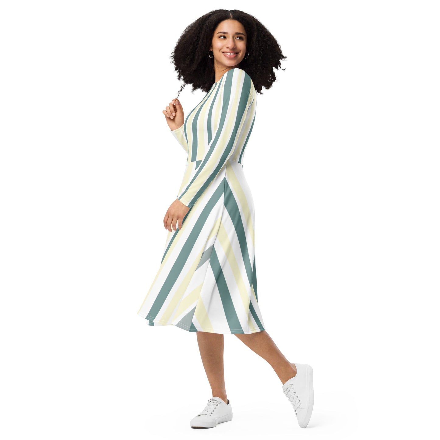 Womens Long Sleeve Midi Dress - Green Yellow Geometric Lines