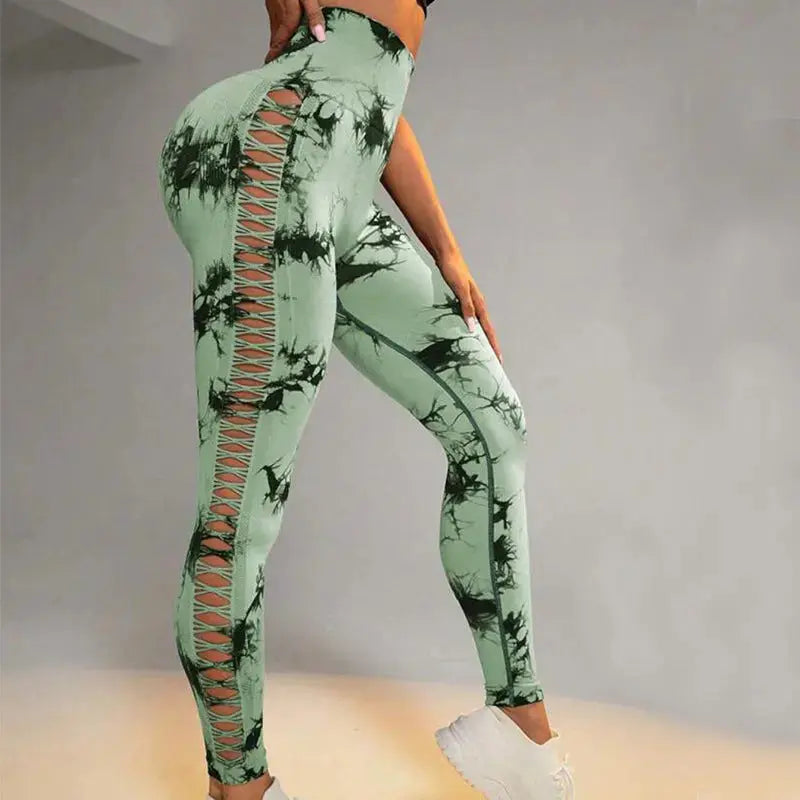 Hollow Tie Dye Printed Yoga Pants High Waist Butt Lift Seamless Sports Gym Fitness Leggings Slim Pants For Women Tight Trousers 
