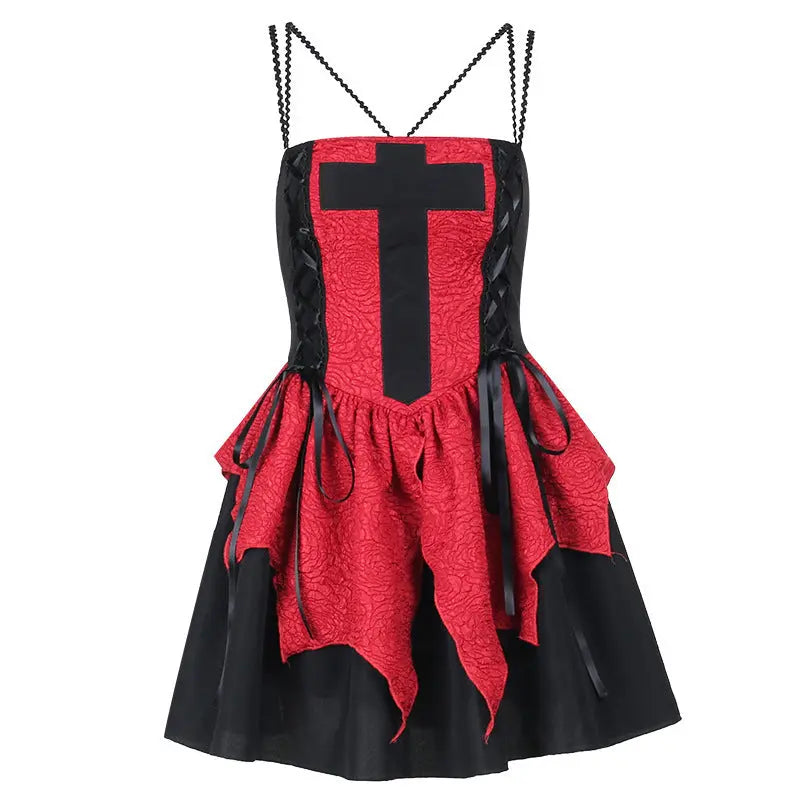 Dress Women's Retro Beautiful Red Patch Cross Print Lace Tight Dress 