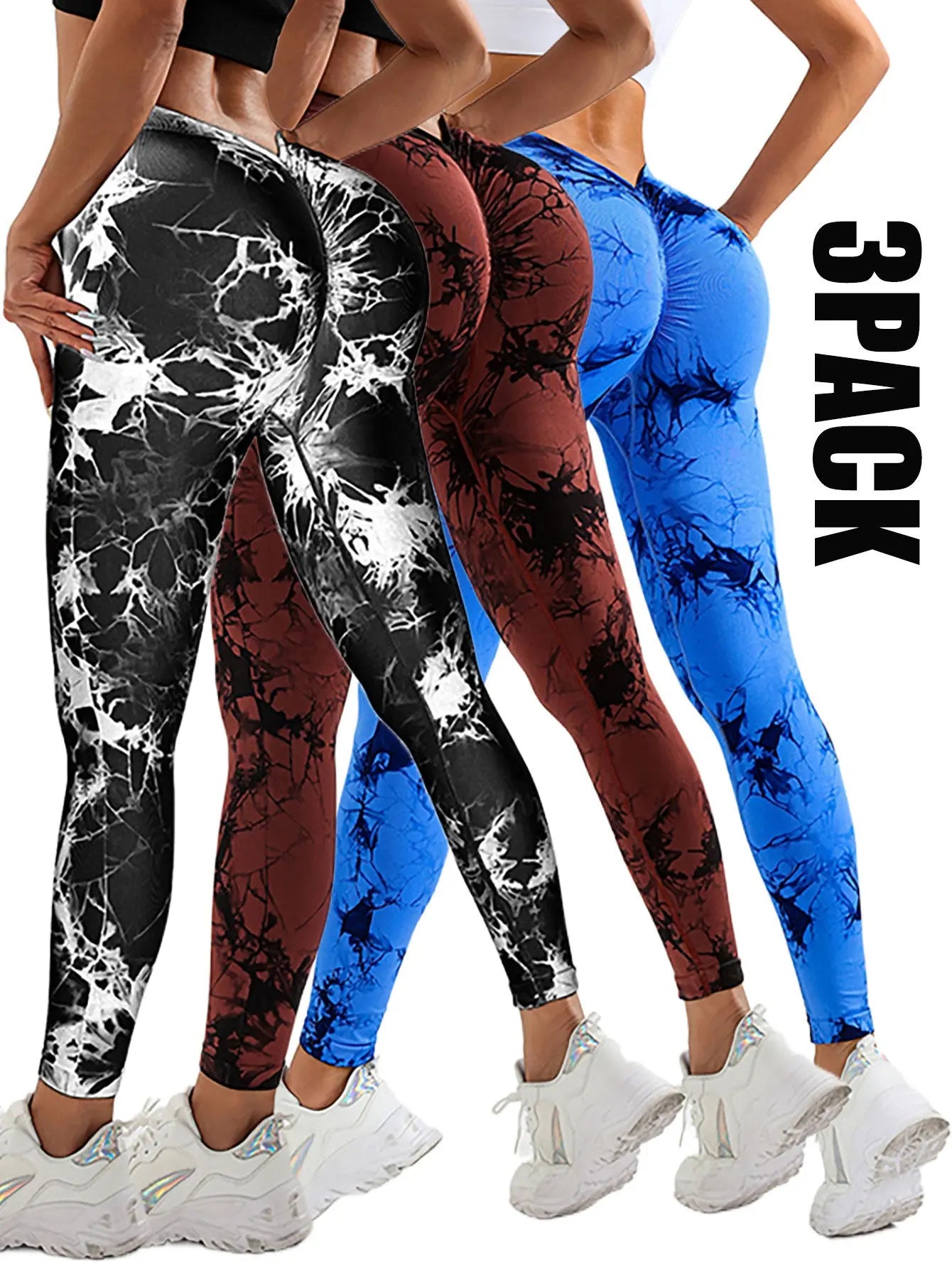 3 Pack Women's Scrunch Workout Leggings, High Waisted Butt Lifting Tie-dye V Back Waist Seamless Gym Yoga Leggings, Workout Leggings For Women Jada Leggings 