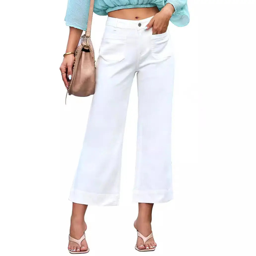 Slimming And Wide Leg Straight-leg Pants Washed Jeans Cropped Pants 
