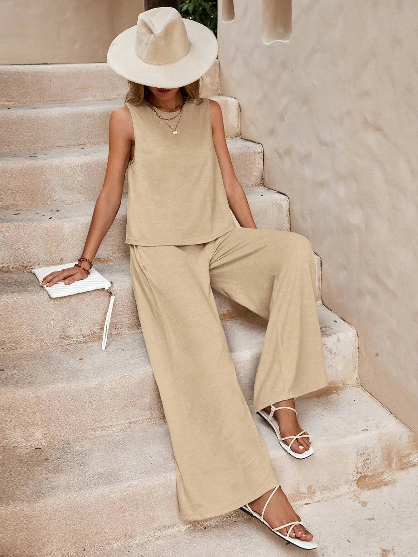 Summer Solid Color Casual Loose Pants & Suit Two Pieces Sets For Women 