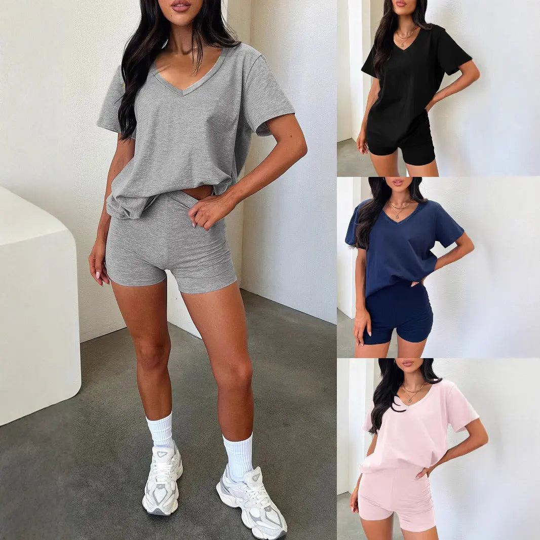 European And American V-neck Casual Temperament Pure Color Fashion Suit 