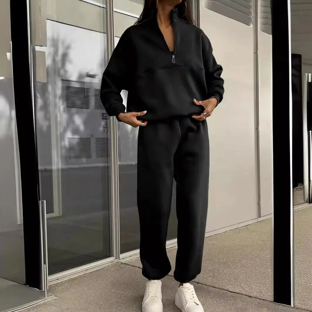 Long-sleeved Sports Sweatshirt Suit Fashion Stand-up Collar Zip-up Top And Elastic Band Trousers With Pocket Srping Fall Clothing For Women 