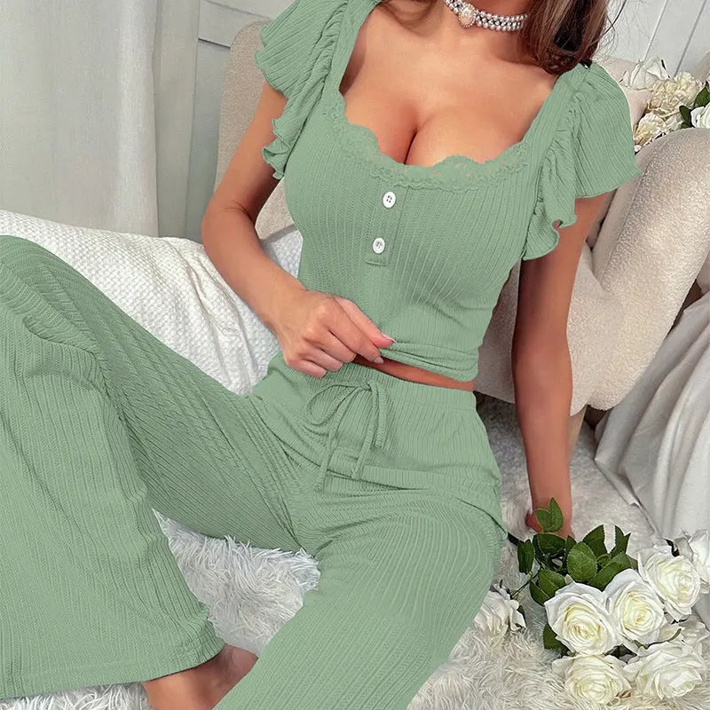 Home Wear Sunken Stripe T-shirt Shory Style Top And Trousers Casual Pajamas Suit 